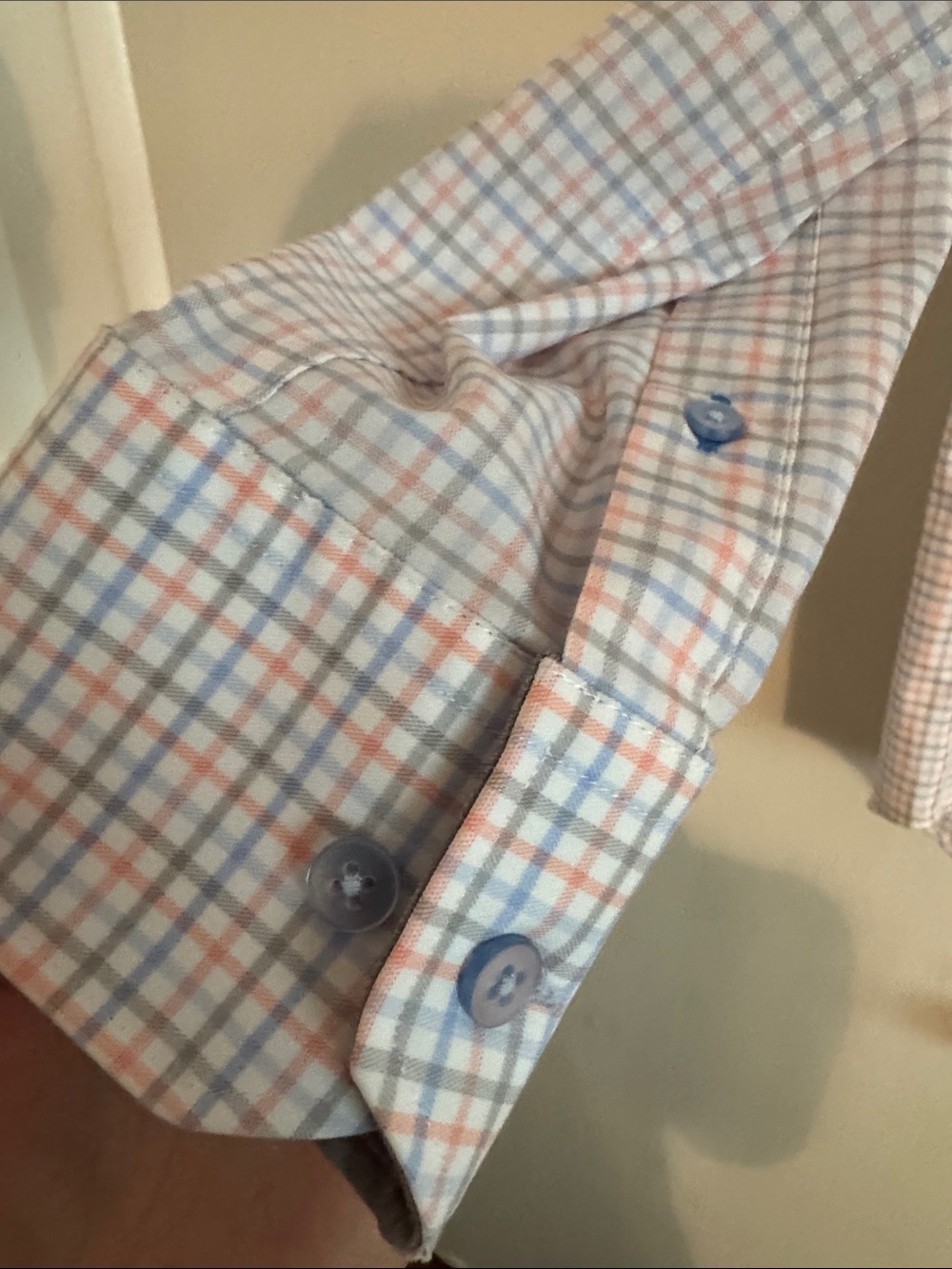 Men's Light Orange and Light Blue Check Dress Shirt - Picture 4 of 7